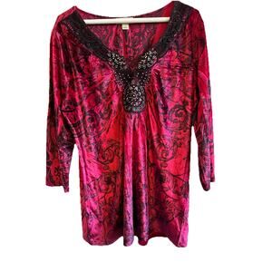 One World Red Velvet Crochet L Top Tunic Witchy Steampunk Whimsy Goth VAMP Fairy